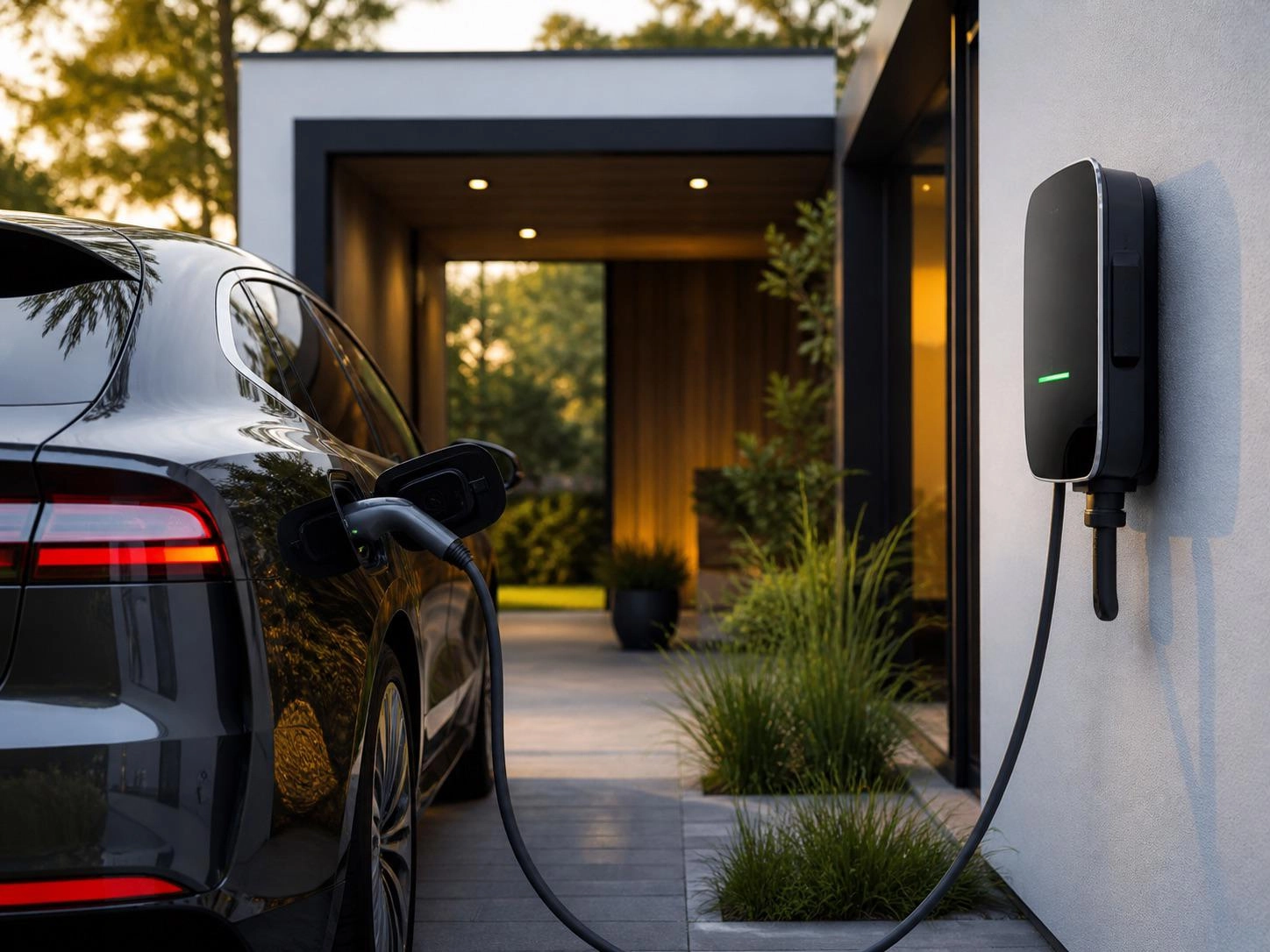 Start 3 Wallbox an der Hauswand lädt ein Elektroauto
