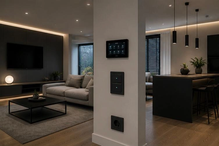 Start 2 Moderne Elektroinstallation im Wohnraum mit Smart-Home-Bedienfeld und Schaltern