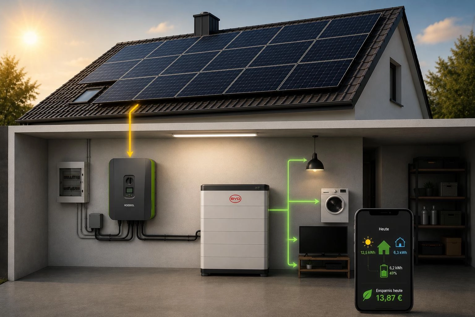 Start 1 Photovoltaik-Anlage mit Stromspeicher und Wechselrichter an einem Wohnhaus